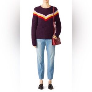 Milly - purple sweater with red, pink and yellow V detail